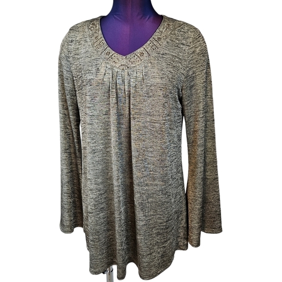 One World Earth Tone Metallic Long Flared Sleeve Blouse Size Small‎ Women's - Picture 1 of 9